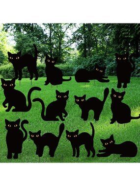 12 Pack Scary Black Cat Yard Signs with Stakes - Halloween Outdoor Decor for
